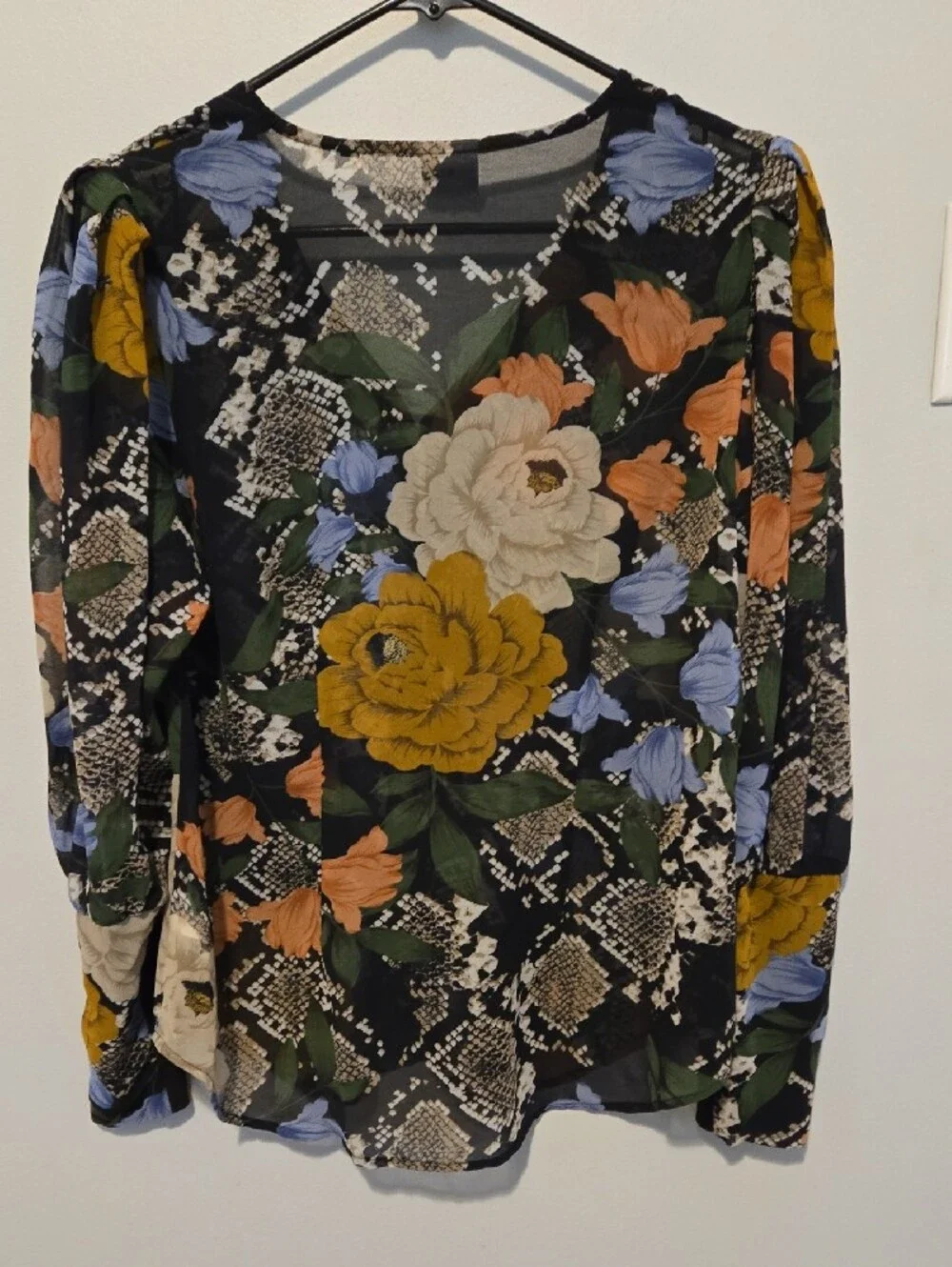 Cabi Black Floral V-Neck Blouse with Mustard & Blue Accents - Picture 7 of 11